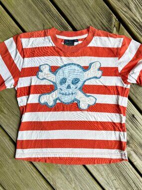 Mini Boden Size 7-8y Skull Applique Tee with red stripes